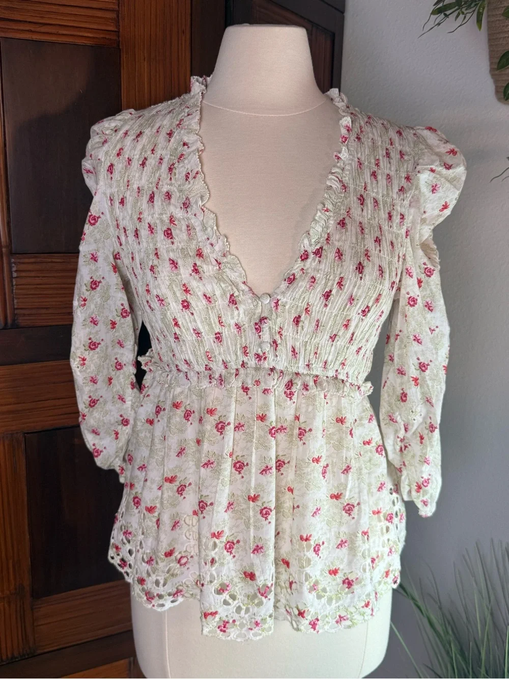 Anthropologie Floral Smocked Eyelet Puff Sleeve Blouse Size S NWT Cottagecore